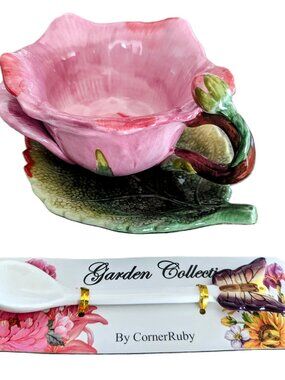 Corner Ruby Garden Collection Coral Flower Teacup Leaf Saucer Set New